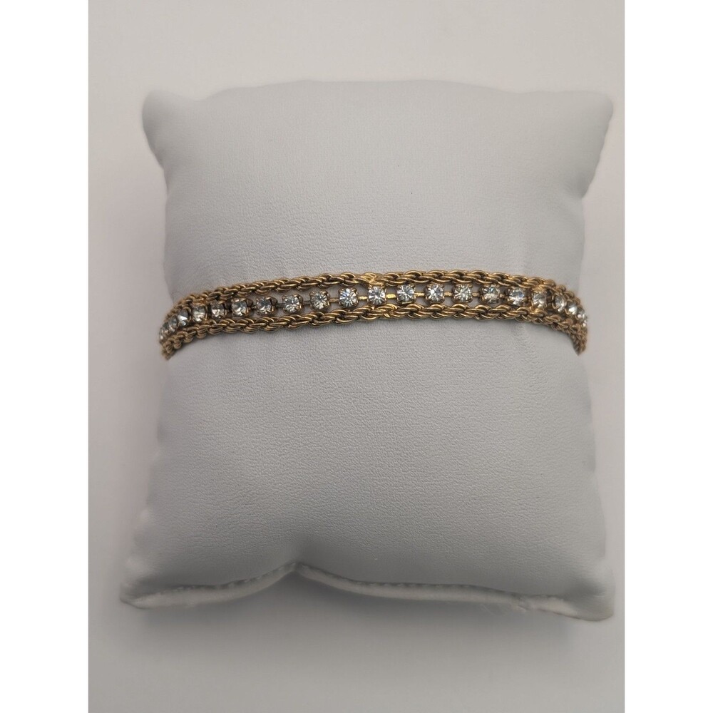 Vintage Gold Tone Double Rope Chain Rhinestone Tennis Bracelet 8"